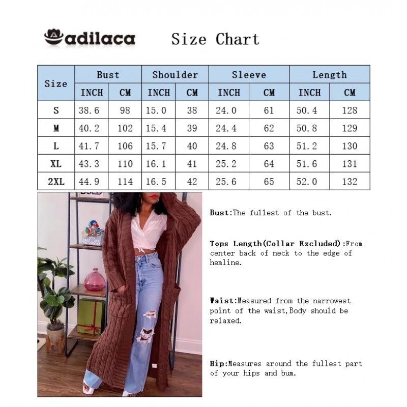 A ADILACA 여성용 씬 타입 스타일리시 케이블 니트 가디건 2포켓, 여성용 초장형 발목 길이 스웨터