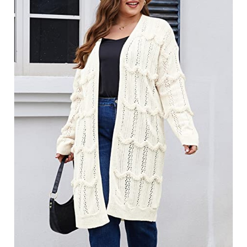 UEEKOOK 여성 플러스 사이즈 드레이프 카디건 스웨터 긴 소매 중공 경량 미디 코트 복장