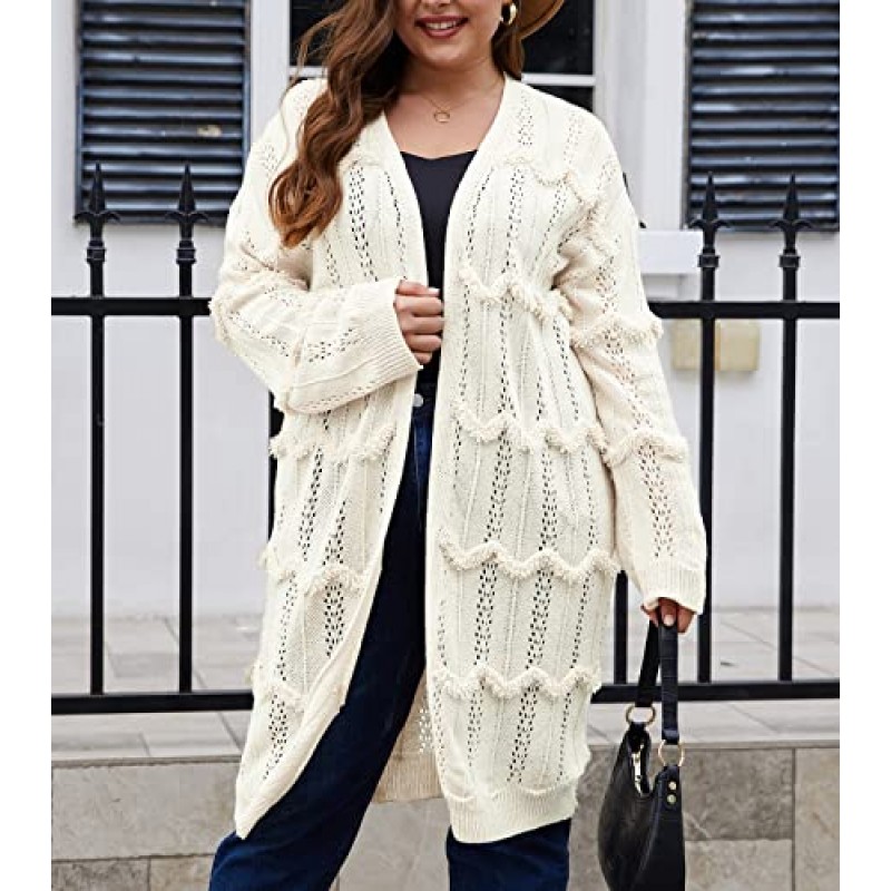 UEEKOOK 여성 플러스 사이즈 드레이프 카디건 스웨터 긴 소매 중공 경량 미디 코트 복장