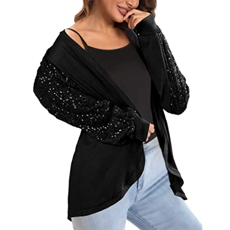 ALLTB 여성용 스팽글 가디건 반짝 이는 긴 소매 셔츠 탑 오픈 프론트 아우터 코트 쉬머 글리터 루스 자켓