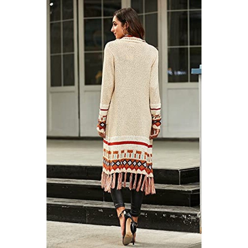 CGYY 여성용 긴 소매 오픈 프론트 카디건 스웨터 Boho Tassel Cardigan Aztec Tribal Stripe Fringe Cardigan with Pockets