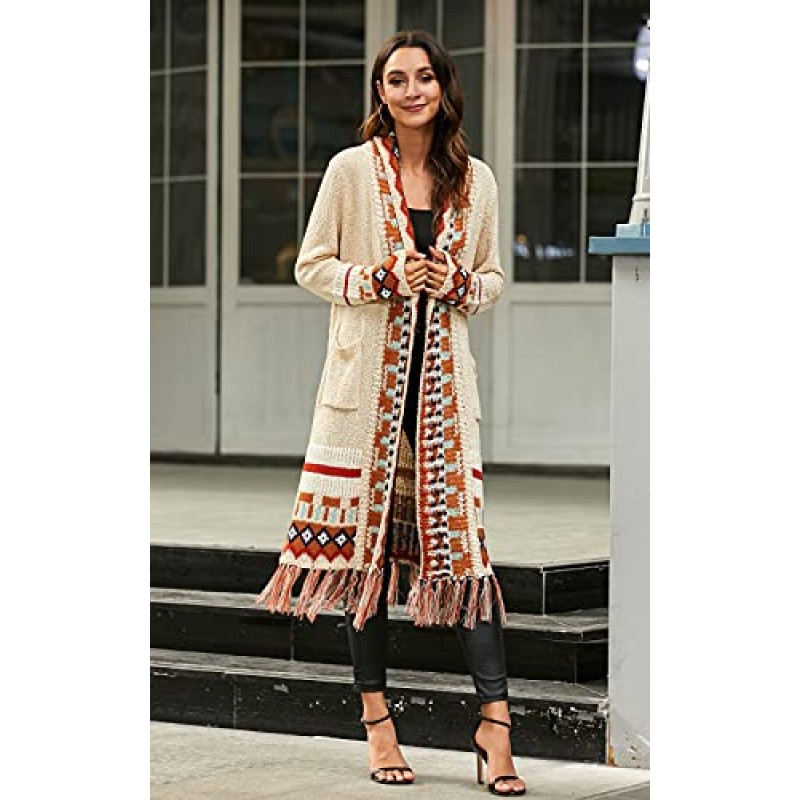 CGYY 여성용 긴 소매 오픈 프론트 카디건 스웨터 Boho Tassel Cardigan Aztec Tribal Stripe Fringe Cardigan with Pockets