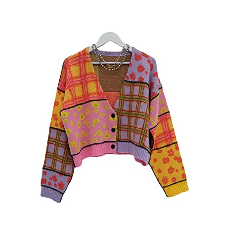 Womens Cropped Cardigan Sweater 아가일 긴 소매 체리 V 넥 니트 버튼 업 스웨터 탑 셔츠