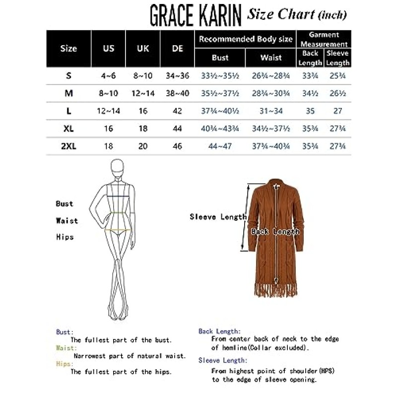 GRACE KARIN 여성용 긴 소매 트위스트 가디건 프린지 밑단 미디 가을 스웨터