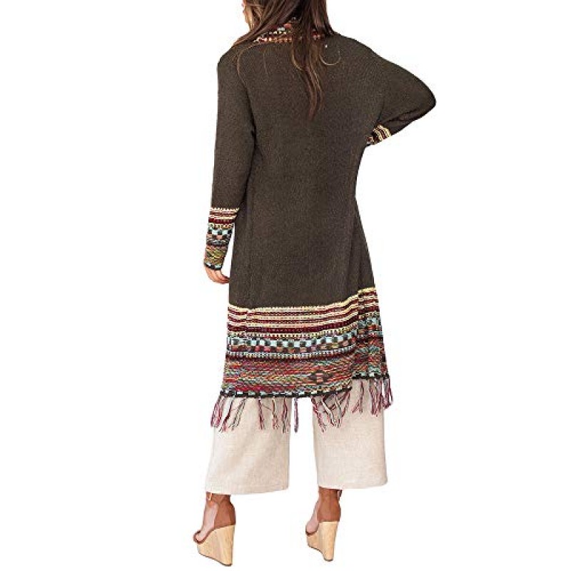 Misassy Womens Boho 오픈 프론트 롱 가디건 스웨터 루즈한 긴 소매 자수 Tassels 기모노 더스터 아웃웨어