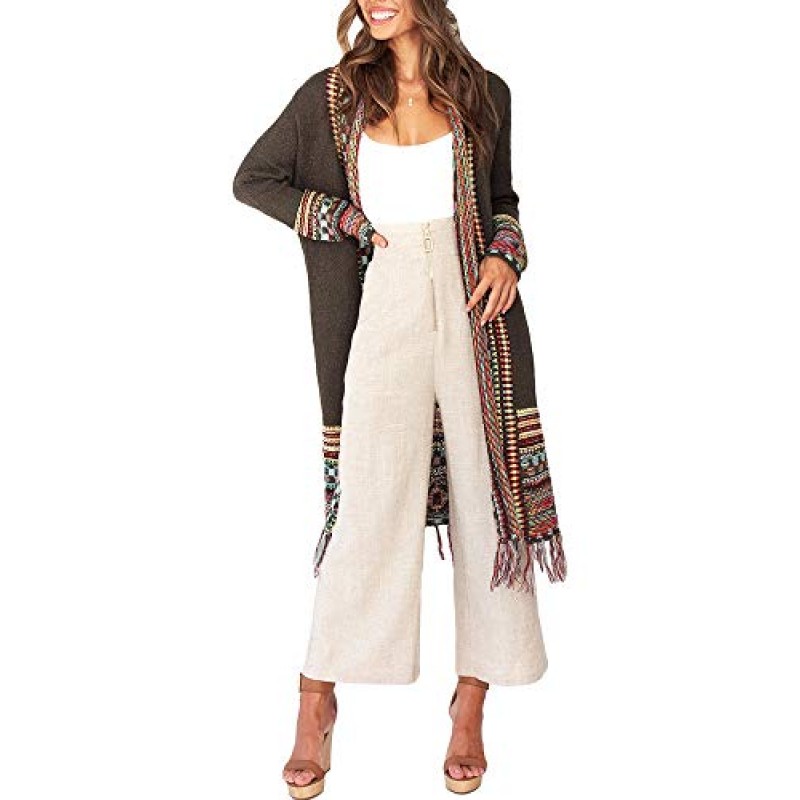 Misassy Womens Boho 오픈 프론트 롱 가디건 스웨터 루즈한 긴 소매 자수 Tassels 기모노 더스터 아웃웨어