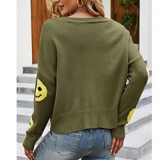 Ebossy Womens Ribbed Knit Cardigans Slouchy 귀여운 스마일 그래픽 Pretty Daisy 버튼 업 자카드 니트 스웨터 코트