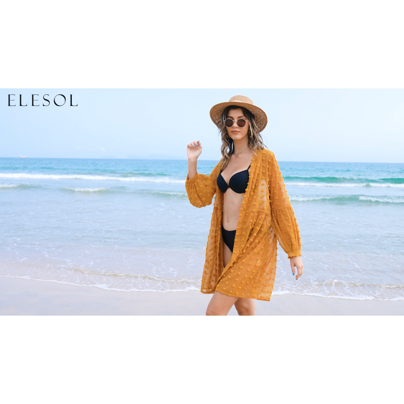 ELESOL 여성용 카디건 오픈 프론트 3/4 슬리브 레이스 경량 여름 해변 기모노 쉬폰 수영복 커버 업 탑