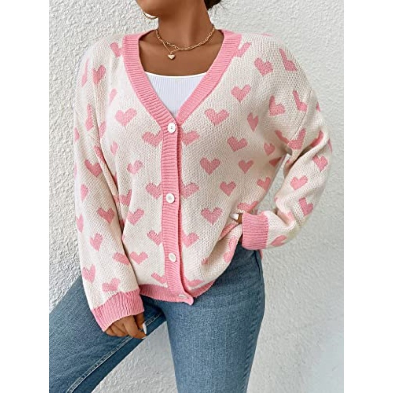 MakeMeChic 여성용 플러스 사이즈 하트 프린트 긴 소매 드롭 숄더 버튼 프론트 귀여운 카디건 스웨터 코트