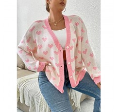 MakeMeChic 여성용 플러스 사이즈 하트 프린트 긴 소매 드롭 숄더 버튼 프론트 귀여운 카디건 스웨터 코트