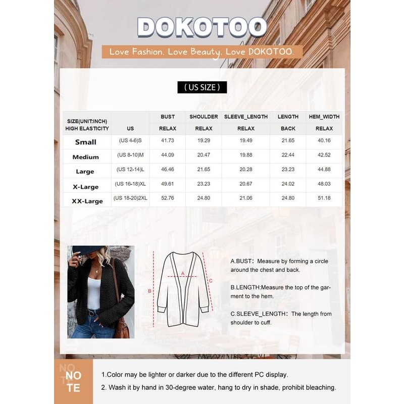 Dokotoo 여성 2023 패션 캐주얼 오픈 프론트 긴 소매 청키 니트 가디건 스웨터 아우터 코트