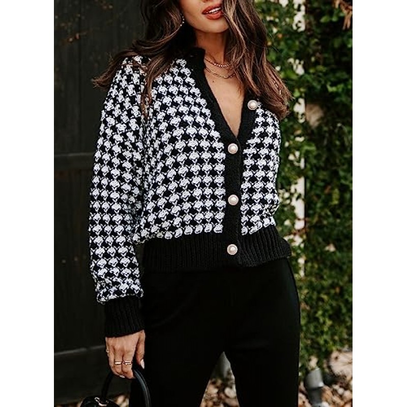Dokotoo 여성용 카디건 스웨터 V 넥 버튼 다운 긴 소매 체크 무늬 니트 가디건 스웨터 탑