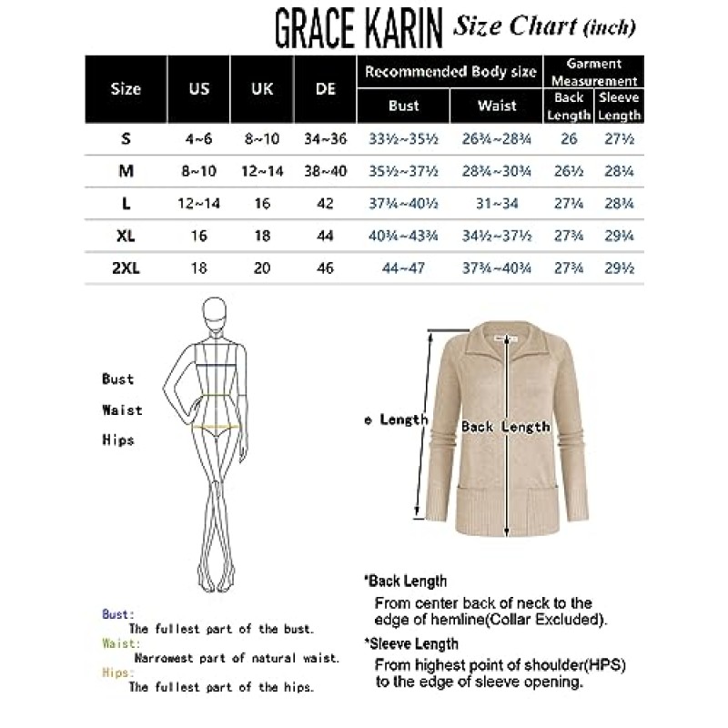 GRACE KARIN 여성용 긴 소매 지퍼 업 니트 카디건(포켓 포함) 스탠드 칼라 풀 지퍼 스웨터 코트 경량