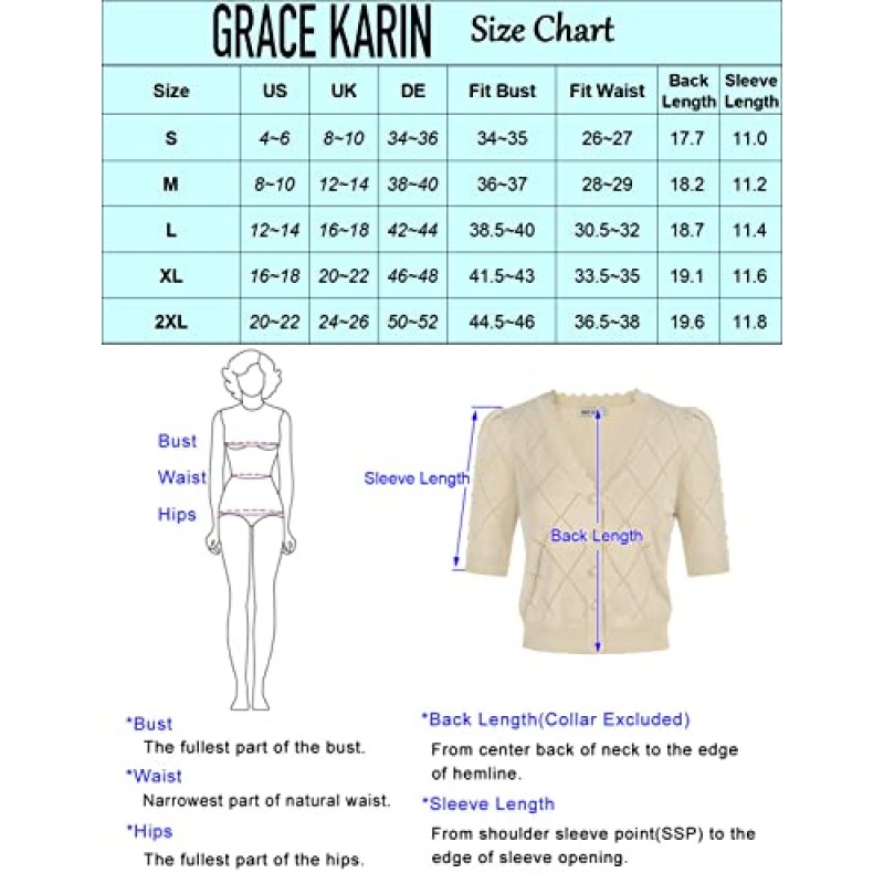 GRACE KARIN 여성용 크롭 카디건 퍼프 반소매 스웨터 탑 V 넥 버튼 니트웨어