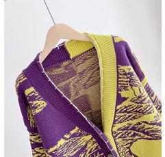 여성용 스웨터 여성용 느슨한 두꺼운 뜨개질 가디건 여성용 색상 대비 패턴 뜨개질 가디건