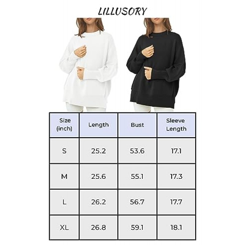 LILLUSORY 여성용 크루넥 배트윙 긴 소매 스웨터 2023 가을 오버사이즈 리브 니트 사이드 슬릿 풀오버 탑