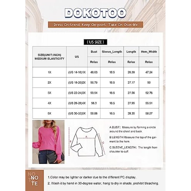 Dokotoo Womens Ribbed Knit 긴 랜턴 슬리브 스웨터 Crewneck 캐주얼 슬림 피트 풀오버 점퍼 탑