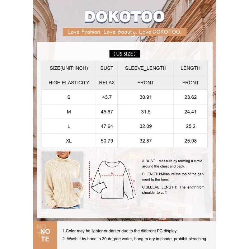 Dokotoo Womens 2023 겨울 가을 솔리드 터틀넥 하이 넥 벌룬 긴 소매 스웨터 풀오버 겉옷