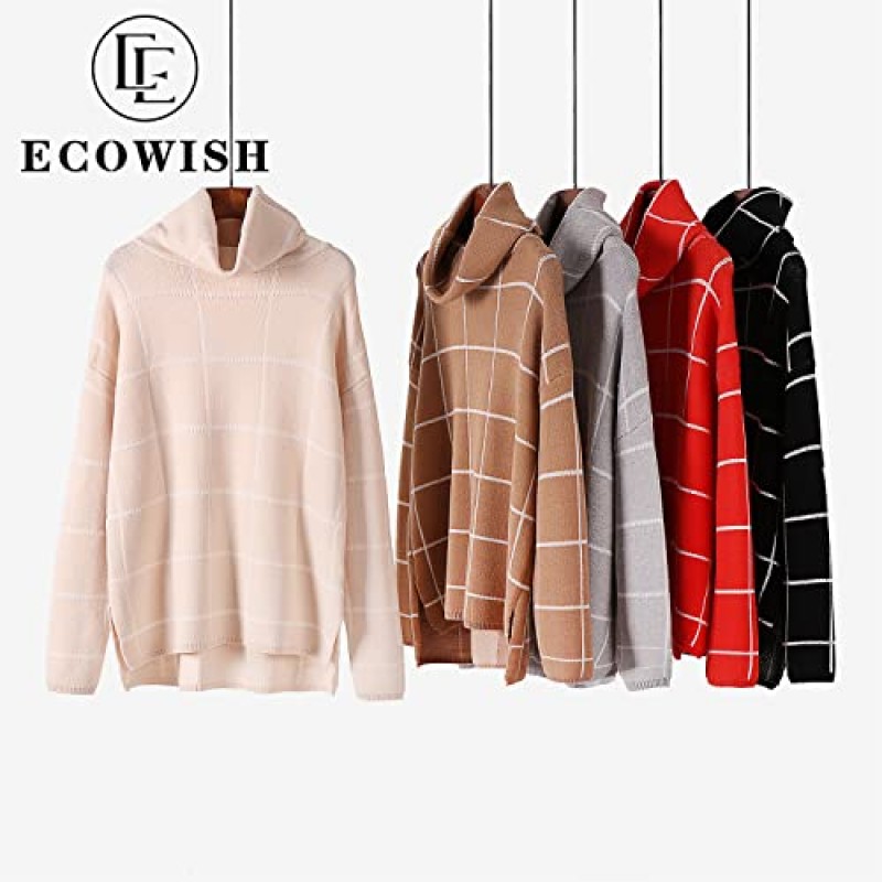 ECOWISH 여성 풀오버 스웨터 터틀넥 체크 무늬 긴 소매 루즈 캐주얼 청키 체크 니트 겨울 스웨터 점퍼 탑