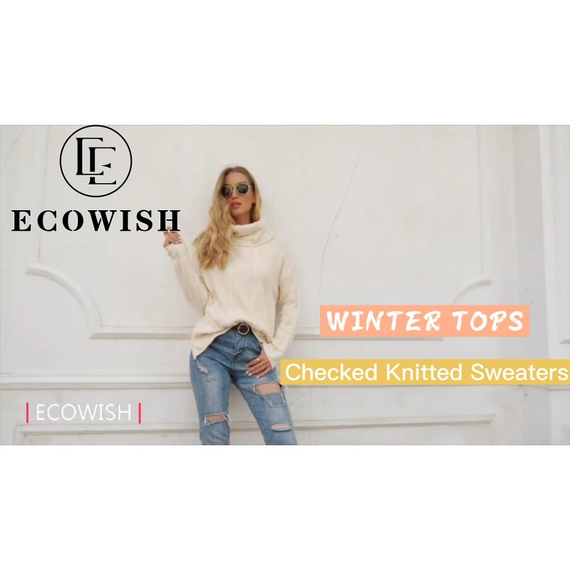 ECOWISH 여성 풀오버 스웨터 터틀넥 체크 무늬 긴 소매 루즈 캐주얼 청키 체크 니트 겨울 스웨터 점퍼 탑