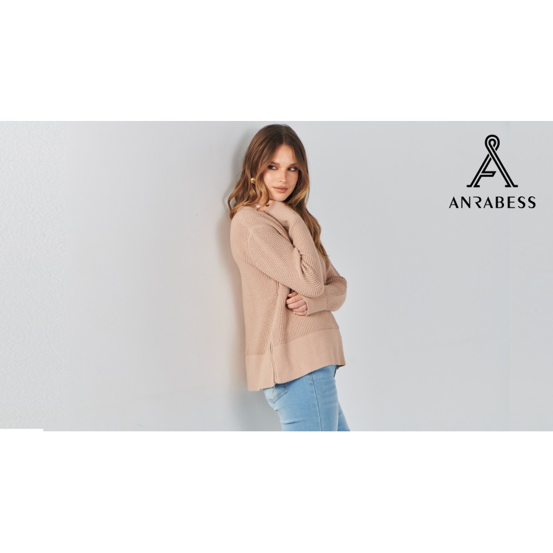 ANRABESS Womens Cropped 와플 니트 스웨터 2023 가을 크루넥 긴 소매 캐주얼 사이드 지퍼 풀오버 ​​점퍼(엄지 구멍 포함)