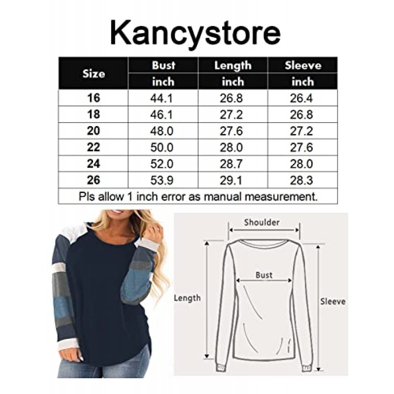 Kancystore Womens 플러스 사이즈 탑 컬러 블록 라글란 긴 소매 셔츠 캐주얼 가을 크루넥 스웨터