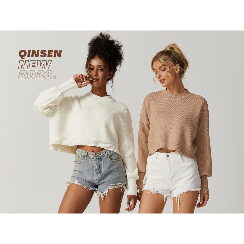 QINSEN 여성용 모크 넥 크롭 스웨터 긴 소매 드롭 숄더 오버 사이즈 니트 풀오버 탑