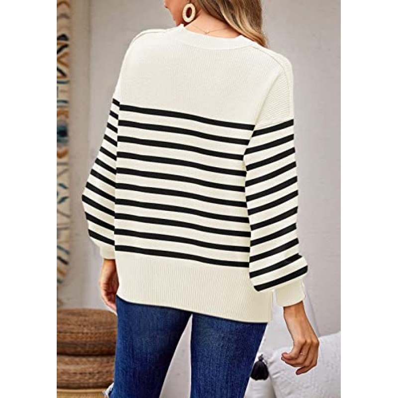 ETCYY Womens Striped Sweater 2023 가을 Batwing 긴 소매 사이드 슬릿 오버 사이즈 스웨터 트렌디 크루 넥 니트 풀오버 탑