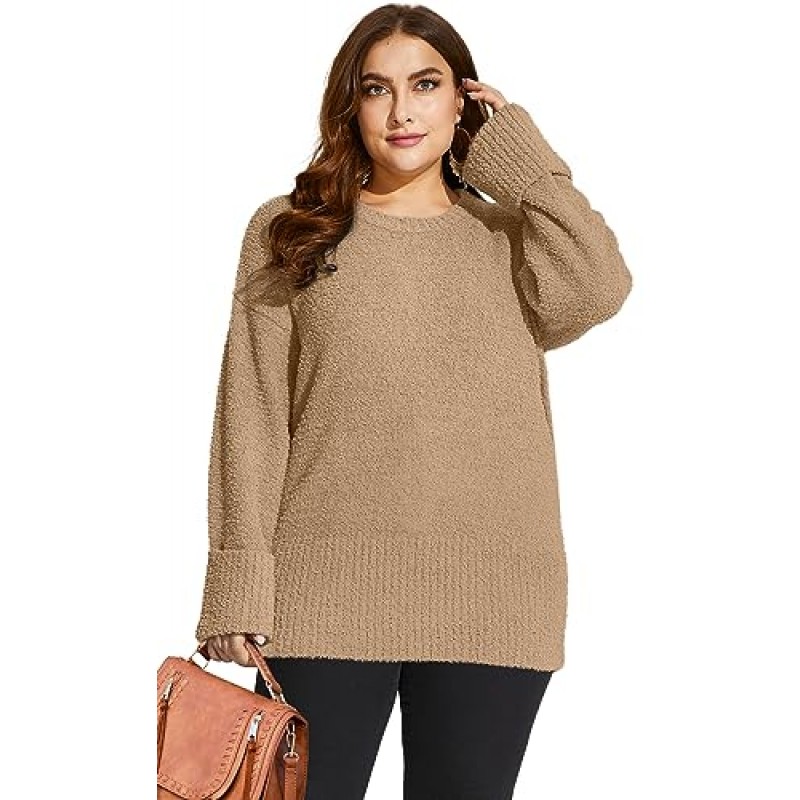 XIEERDUO 여성용 대형 스웨터 Crewneck 긴 소매 퍼지 니트 따뜻한 풀오버 스웨터