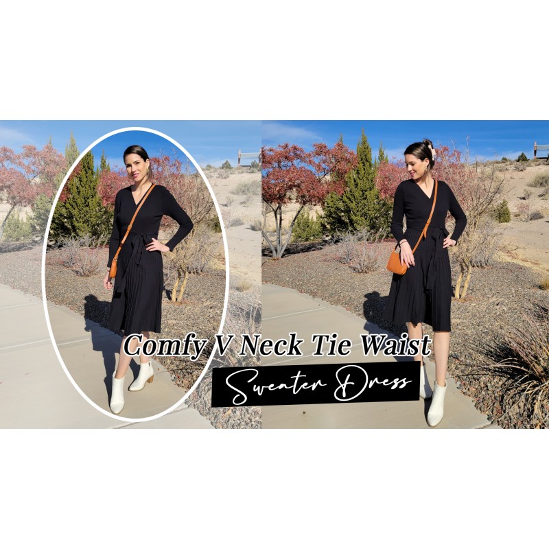 ZESICA 여성 2023 가을 긴 소매 랩 V 넥 리브 니트 플리츠 A 라인 풀오버 스웨터 드레스 (벨트 포함)