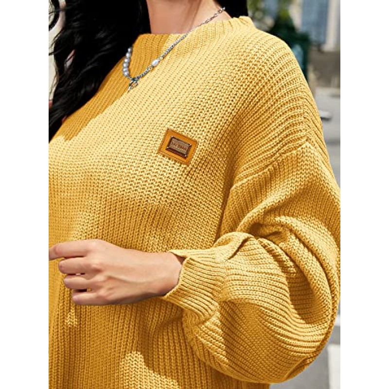 ZAFUL 가을 여성 Crewneck 긴 랜턴 슬리브 오버 사이즈 니트 스웨터 배지 풀오버 솔리드 립 스웨터 점퍼 탑