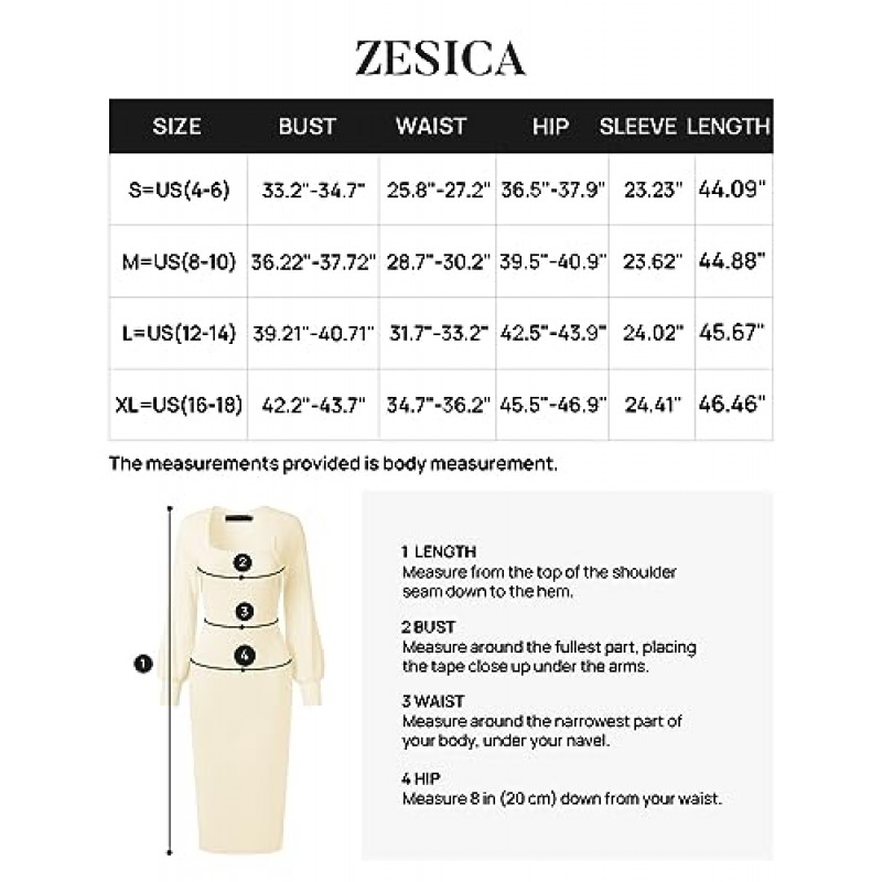 ZESICA 여성용 2023 스퀘어 넥 스웨터 드레스 퍼프 긴 소매 슬림 피트 Bodycon 가을 겨울 리브 니트 드레스