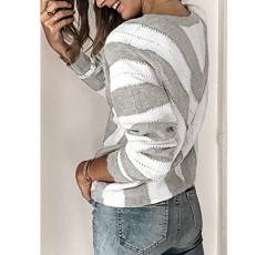 FEKOAFE Womens 2023 가을 귀여운 스웨터 컬러 블록 긴 소매 딥 브이 넥 니트 풀오버 스웨터 여성용