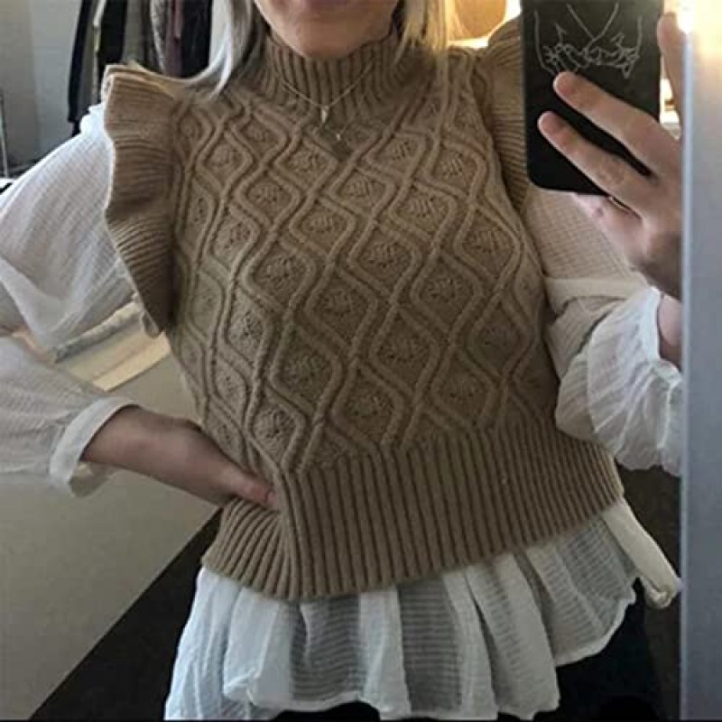 MISSACTIVER 여성용 프릴 암홀 솔리드 스웨터 조끼 캐주얼 모크 넥 민소매 니트 스웨터 스트리트웨어