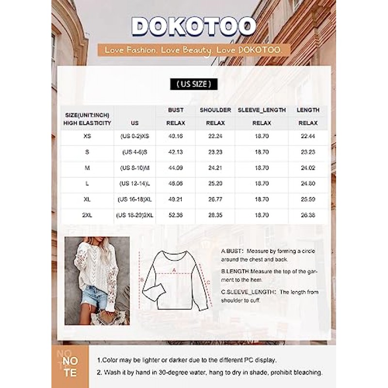 Dokotoo Womens Crewneck 크로 셰 뜨개질 레이스 긴 소매 속이 빈 케이블 니트 풀오버 스웨터 탑