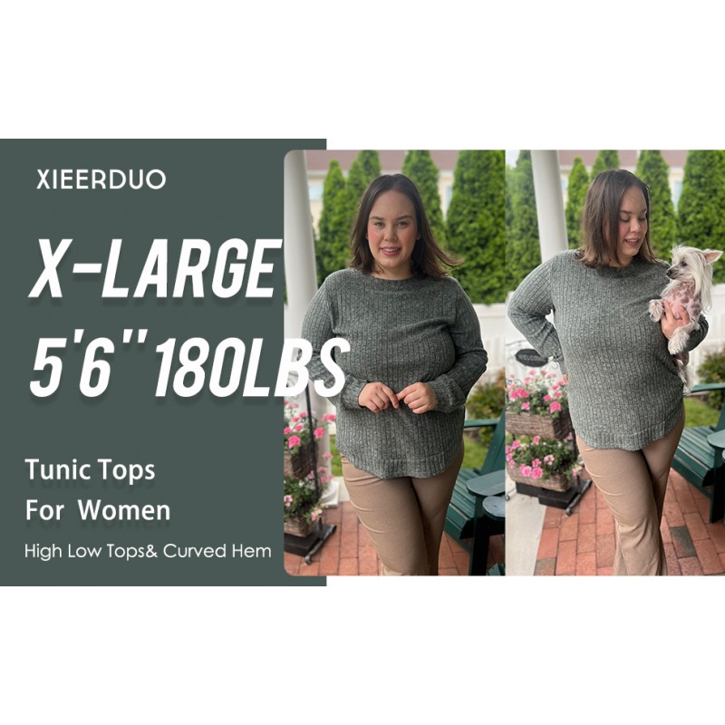 XIEERDUO 여성용 튜닉 탑 루즈핏 크루넥 긴팔 셔츠 하이 로우 곡선 밑단