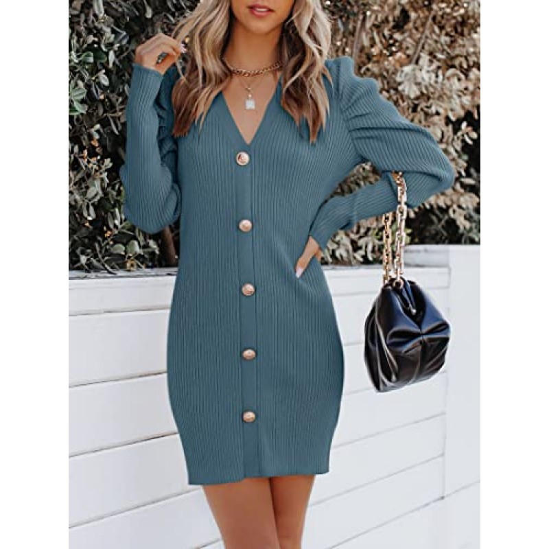 ANRABESS 여성용 퍼프 긴 소매 V 넥 버튼 리브 니트 슬림 피트 풀오버 스웨터 Bodycon 미니 드레스