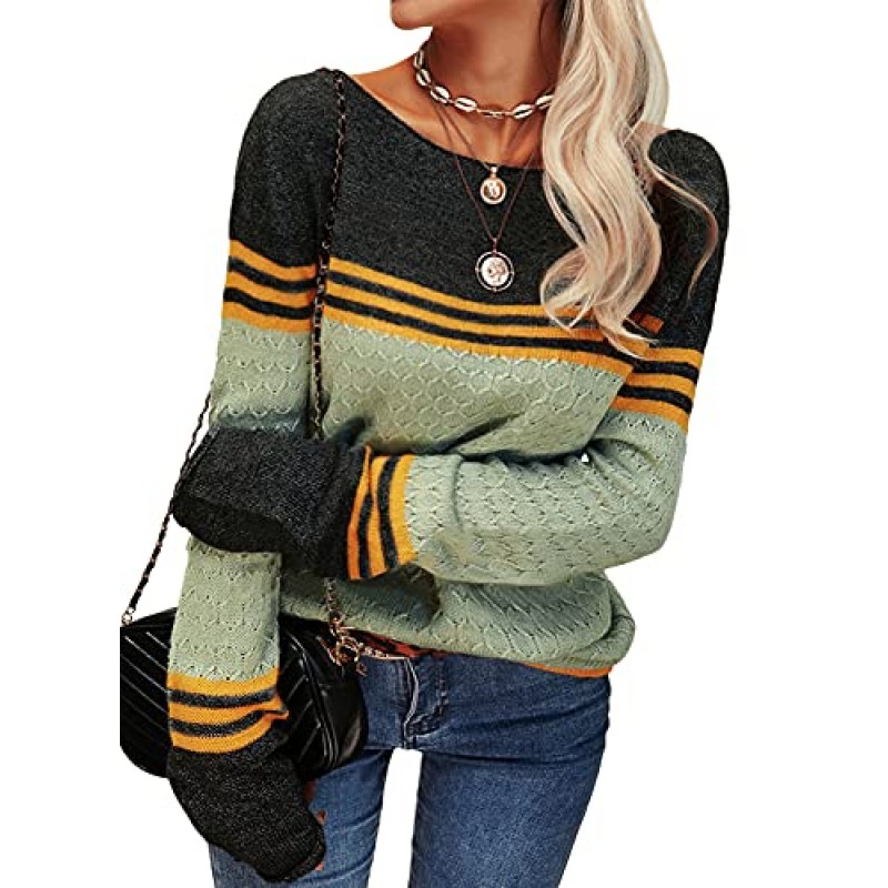 Danedvi 여성 가을 ​​겨울 컬러 블록 풀오버 스웨터 라운드 넥 스트라이프 슬림 피팅 니트 탑