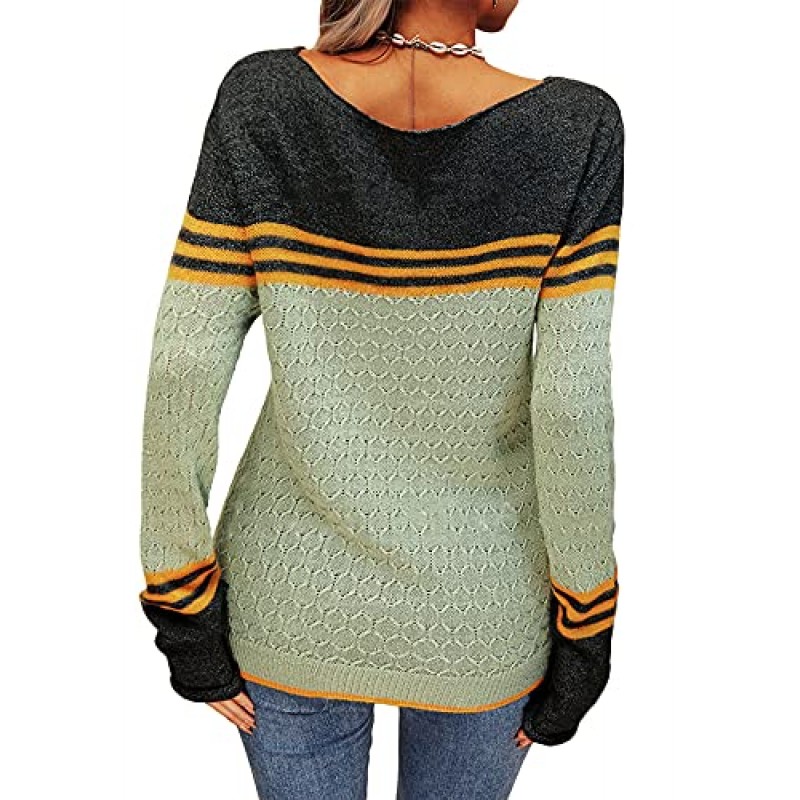 Danedvi 여성 가을 ​​겨울 컬러 블록 풀오버 스웨터 라운드 넥 스트라이프 슬림 피팅 니트 탑