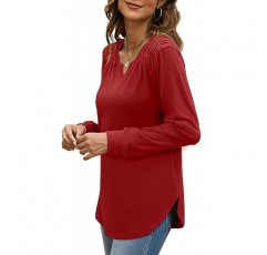 WEESO 여성용 V 넥 스웨트 셔츠 주름 긴 소매 튜닉 탑 소프트 스웨터 곡선 밑단