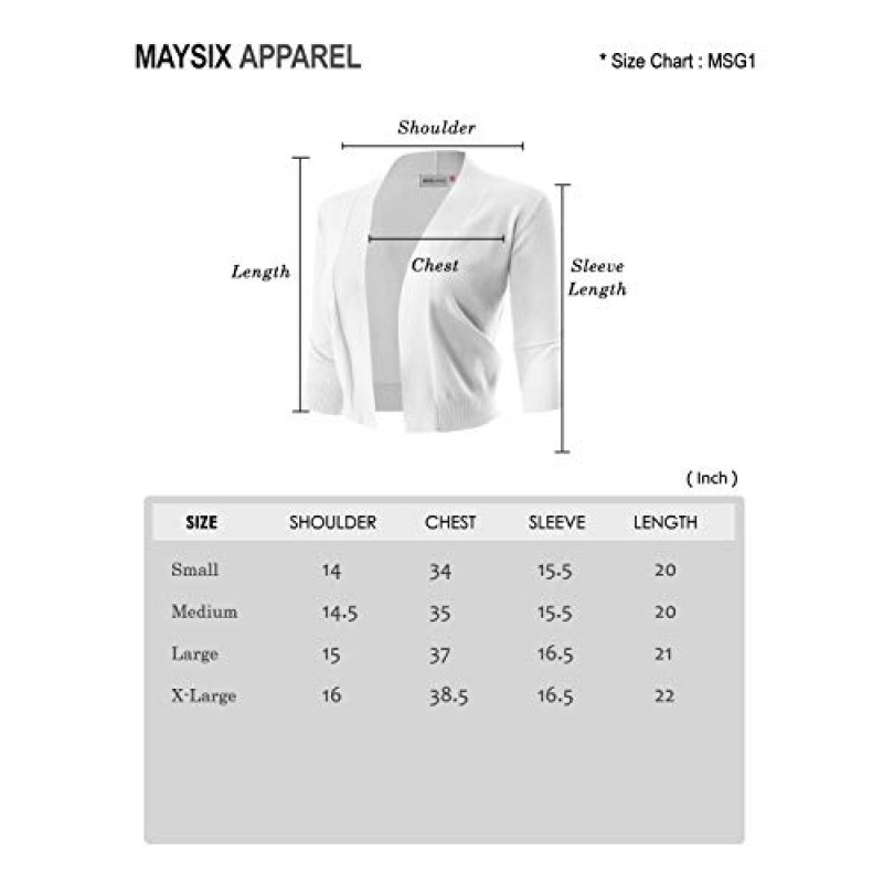 MAYSIX APPAREL 3/4 슬리브 솔리드 오픈 볼레로 여성용 크롭 가디건(S-3XL)