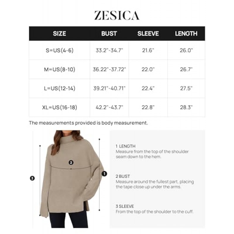 ZESICA 여성용 2023 가을 스웨터 터틀넥 긴 소매 오버 사이즈 스플릿 밑단 니트 튜닉 풀오버 점퍼 탑