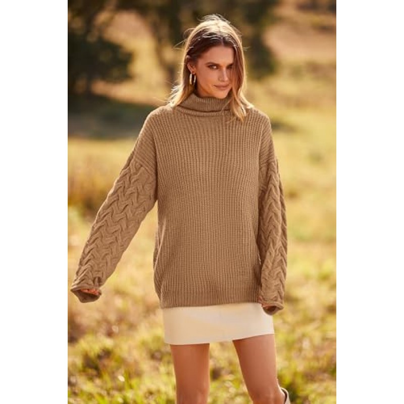 PRETTYGARDEN Womens 2023 가을 패션 풀오버 스웨터 터틀넥 긴 소매 케이블 니트 스웨터 캐주얼 Chunky Jumper Tops