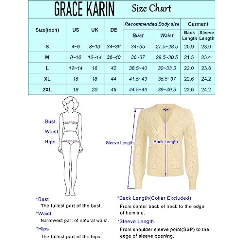 GRACE KARIN 여성용 크로 셰 뜨개질 카디건 스웨터 긴 소매 V 넥 버튼 프론트 어깨 걸이 케이블 니트 볼레로 포켓 포함 탑