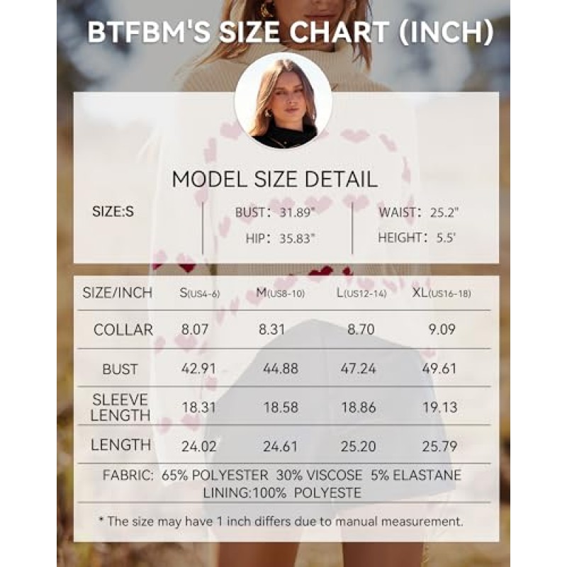 BTFBM 여성 2023 캐주얼 터틀넥 스웨터 하트 프린트 오버 사이즈 긴 소매 니트 가을 겨울 점퍼 풀오버