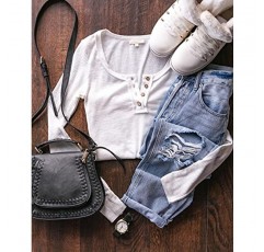 Kissfix 여성용 긴 소매 셔츠 캐주얼 가을 헨리 탑 버튼 다운 블라우스 기본 리브 니트 티셔츠