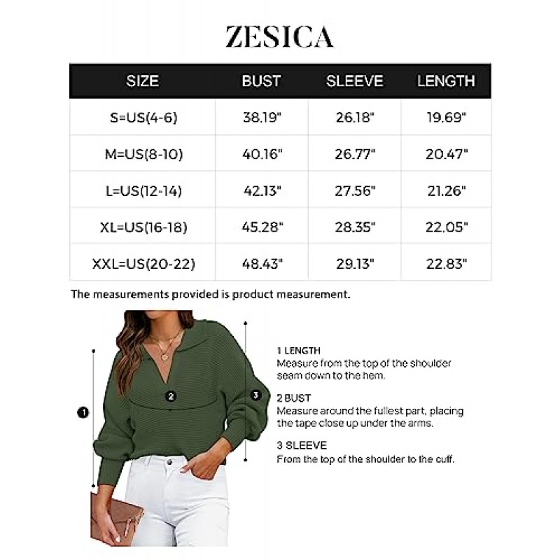ZESICA 여성용 2023 가을 옷깃 칼라 V 넥 긴 소매 리브 니트 편안한 루즈 캐주얼 풀오버 스웨터 점퍼 탑