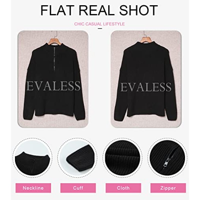 EVALESS 여성용 스웨터 와플킨트 긴 소매 쿼터 지퍼 풀오버 ​​여성용 폴로 V 넥 스웨터