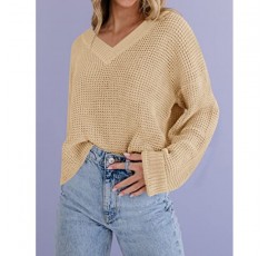 MIROL 여성용 와플 니트 크롭 탑 V 넥 긴 소매 풀오버 스웨터 캐주얼 솔리드 크롭 스웨터