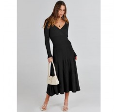 ANRABESS 여성용 랩 미디 스웨터 드레스 긴 소매 V 넥 하이 웨이스트 리브 니트 플리츠 A 라인 드레스